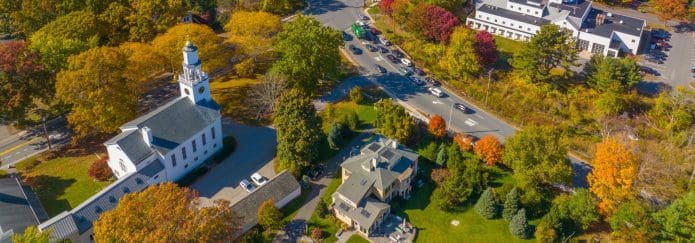 An aerial view of a rural small town